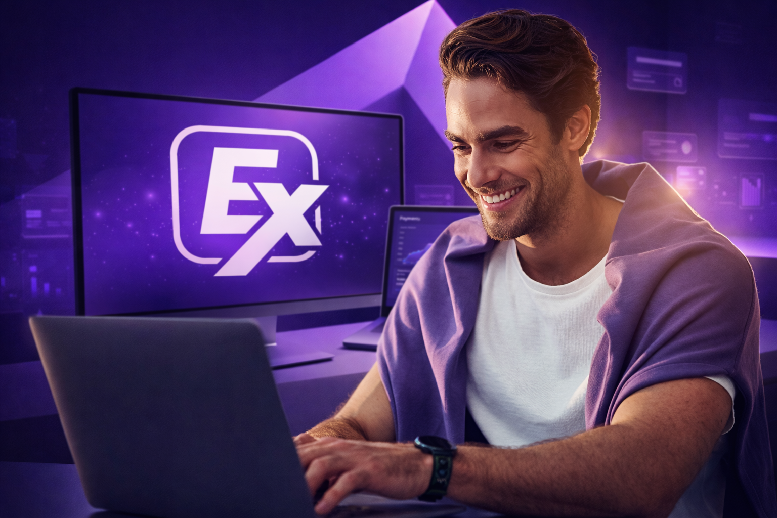 Homem em ambiente fintech iluminado a roxo